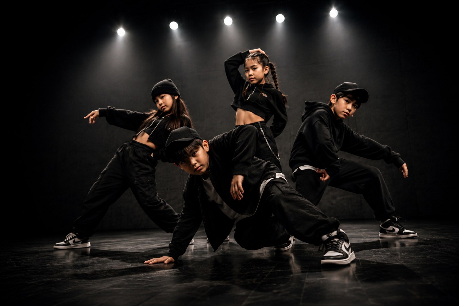 Dance Central Mira students performing a hip-hop routine in a dark studio